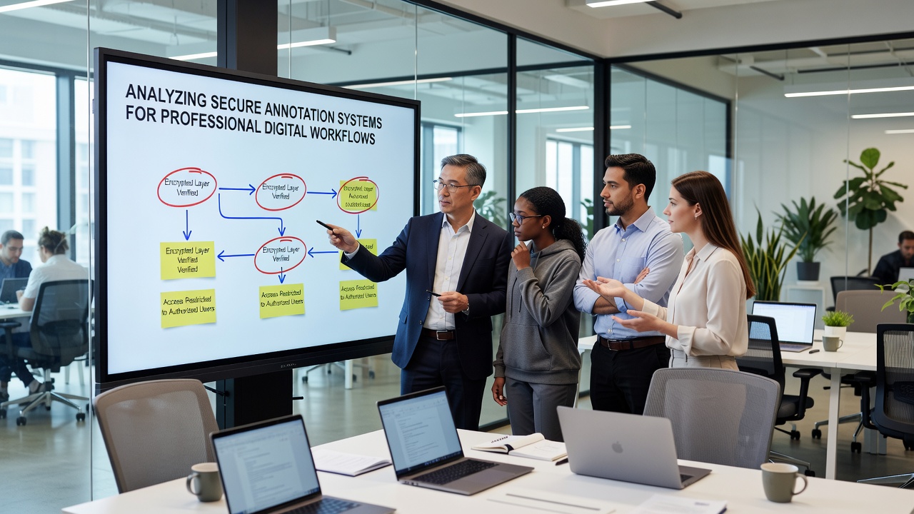 Team collaborating on annotated project files within a secure digital workflow platform showing layered security indicators