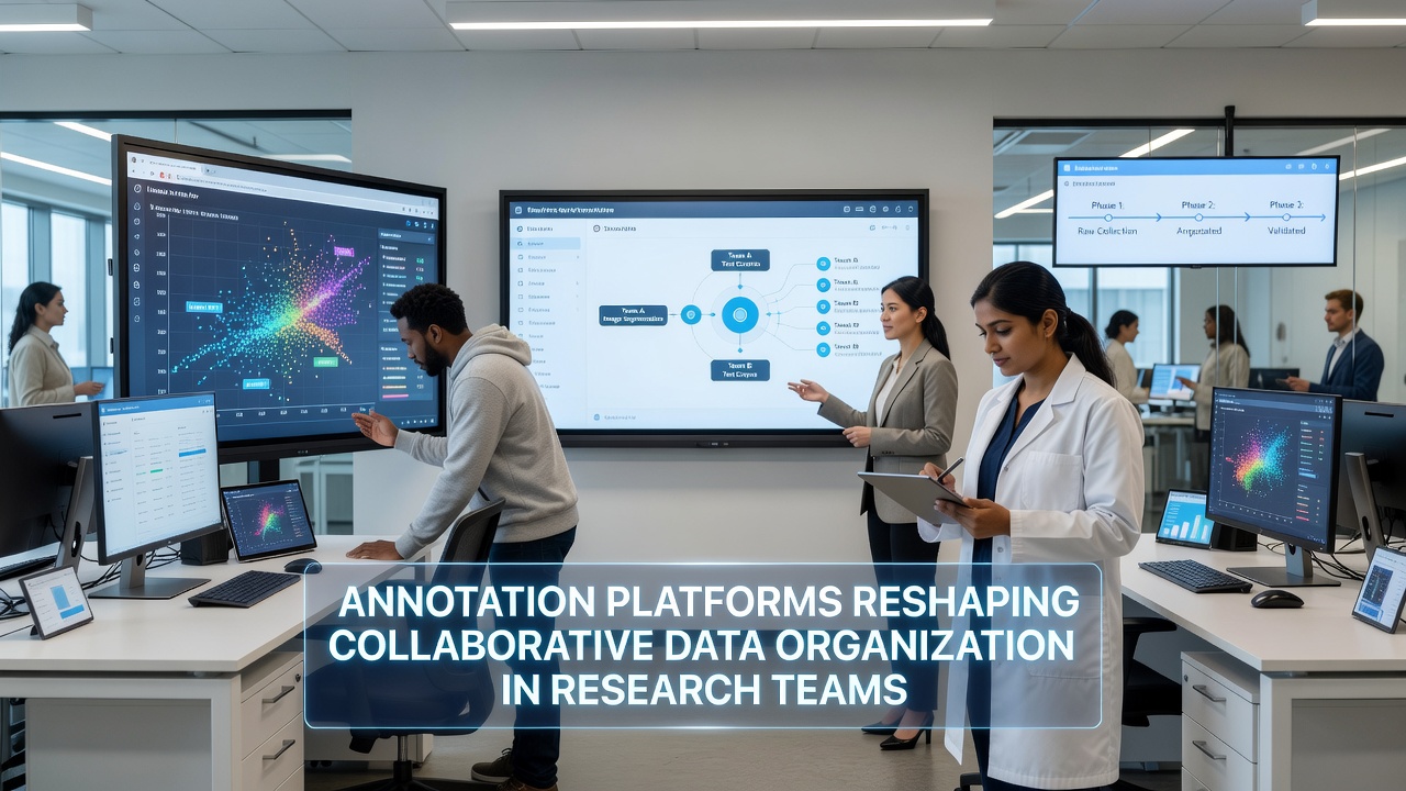 Team members reviewing annotated research data on multiple devices during a collaborative session