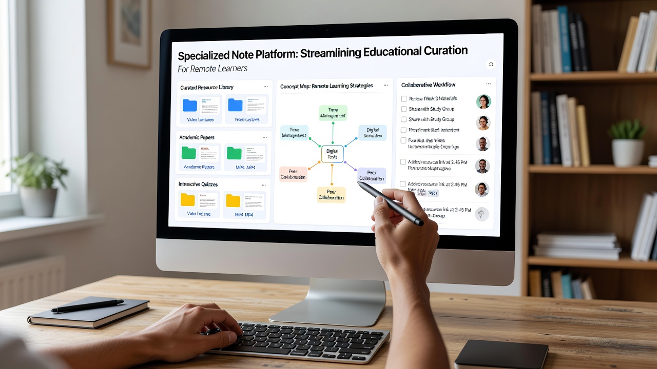 Students collaborating on curated educational notes through a specialized platform interface during a remote study session